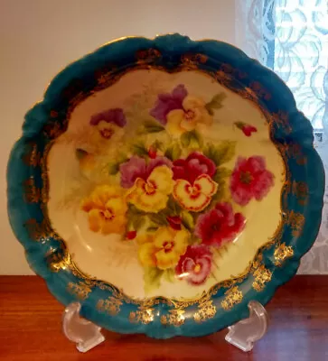 Vintage PT Germany Hand Painted Teal & Gold Serving Bowl Dish 10-1/4  Floral  • $32.98