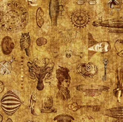 Steampunk Adventures•Steampunk Blender Fabric! 1 Yd•BTY Cotton•Sienna Backgroun • $12.99