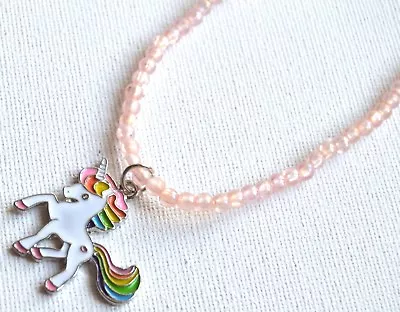 NEW Childrens Unicorn Pendant Pink Beaded Necklace Fashion Jewellery • £4.49