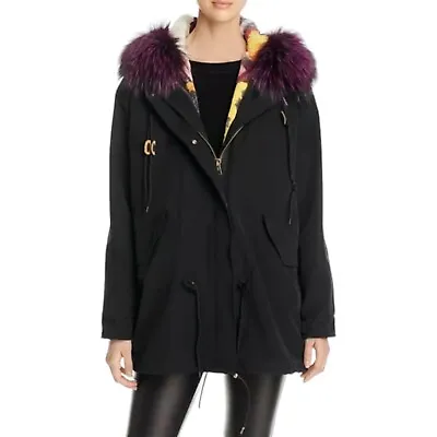 NWT Maximilian Furs Bloomingdale's Parka Coat Black Rabbit & Fox Fur Hooded Sz S • $399.99