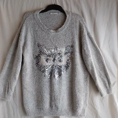 £10 • Buy Ladies, Womens Sparkly Silver And Grey Jumper With Owl Face Size 20