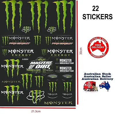 Monster Energy 22 Piece Sticker Set For Motorcycle Dirt ATV Car Motorised Bike • $10.95