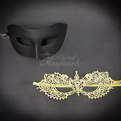 Couple Masquerade Masks | His And Her's Masquerade Mask Black And Gold • $24.95