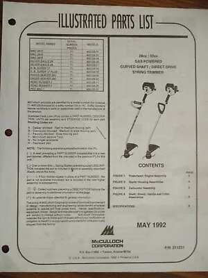 Used Mcculloch 28cc/32cc Curved Shaft String Trimmer Parts List May 1992 • $8.65