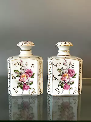 Vintage Pair Pink Rose Vanity Lidded Jars/Bottle Han Painted By Matson 1960s • $68