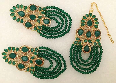 Green Bridal Maang Tikka Earring Pearl Kundan Bollywood Gold Tone Indian Jewelry • $23.64