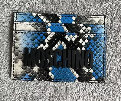 Moschino Logo Plaque Leather Cardholder Lizard Black/Blue/White • $120