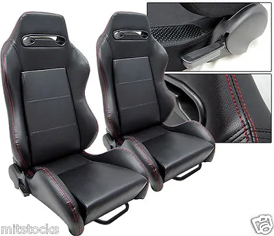 2 Black Leather + Red Stitch Racing Seats Reclinable + Sliders Volkswagen New * • $286.43
