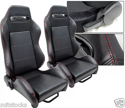 $283.35 • Buy 2 Black Leather + Red Stitch Racing Seats Reclinable + Sliders Volkswagen New *