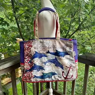 Paul Brent Cream Blue Dolphin Anchor Nautical Beach Shoulder Bag • $29.99