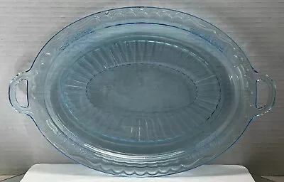 Nice Blue Mayfair Open Rose Oval Platter Tray Open Handles 13 7/8  Long GLOWS • $36.99