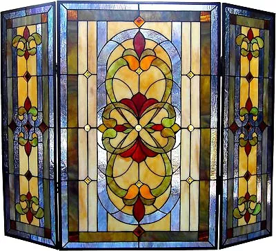 PALACE Tiffany Glass Victorian 3pcs Folding Fireplace Screen 40 Wide • $246.44