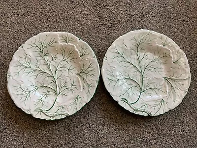 Pair Charles Meigh Green White Cabbage Leaf Plates 9” C. 1850 • £220