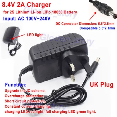 UK Power Ion Lithium Battery Charger Adapter Li-ion LiPo 2S 7.4V 8.4V 2A 2000mA • £8.26