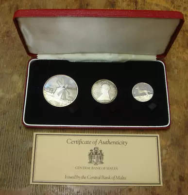 1977 Sterling Silver Malta 3 Coin Proof Set 5 2 And 1 Pound In Case With COA • $168