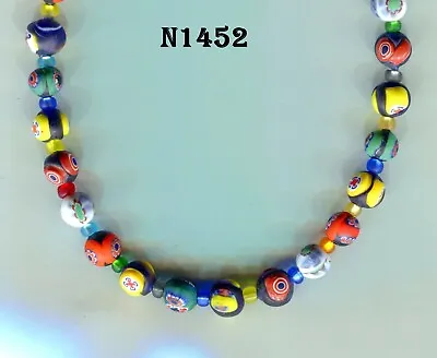 Vintage Murano Venetian Millefiori Multicolor Bead Necklace  18' N1452 • $35