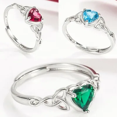 925 Sterling Silver Heart Stone Adjustable Ring Women Girls Jewellery Multicolor • £3.99