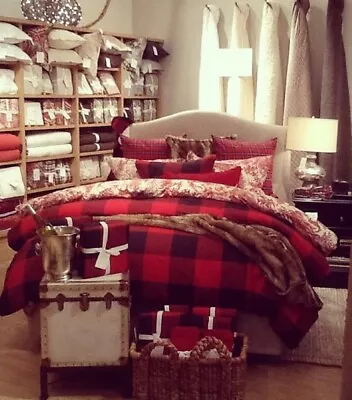 Martha Stewart Buffalo Check Holiday Comforter Red Black Queen 2 Standard Shams • $129