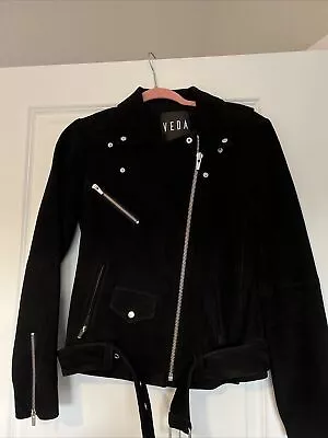 Veda Womens Black Moto Goat Suede Full Zip Biker Cropped Jacket Collared Size M • $150