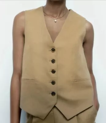 Zara Woman Khaki Cropped Waistcoat Linen Vest Sz L Nwt • $44.99