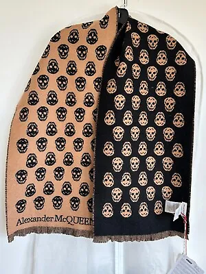 NWT Alexander McQueen Reversible Skull Wool Scarf Black/Beige Made In Italy • $376.13