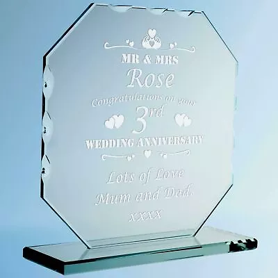 Engraved Third Wedding Anniversary Cut Glass Plaque Gift 3rd (Leather) Present • £19.99