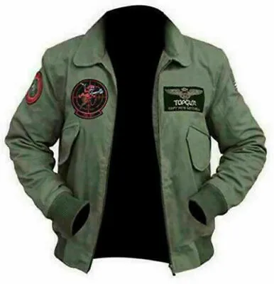 US Army Tom Cruise Top Gun Mens Jet Pilot M058 Green Cotton Flight Bomber Jacket • £25.12