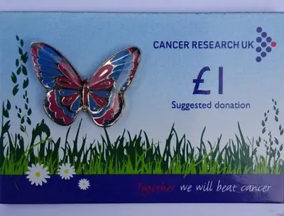 Cancer Research Red & Blue Butterfly Charity Pin Badge Brand New! • £3.90