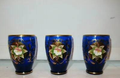 Set Of 3 Vintage Murano Navy Blue Glass Lustre Gold Spirit Glasses • £11.50