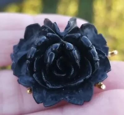 Vintage JJ Gold Tone Black Rose Flower Mourning Brooch Pin Necklace Pendant • $14.95
