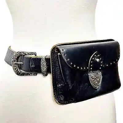 Vintage Black Leather Belt Bag Utility Belt With Carved Silver Buckle & Hardware • $149.95