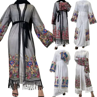 Lace Mesh Women Dubai Open Cardigan Long Dress Abaya Muslim Kaftan Kimono Caftan • £33.54