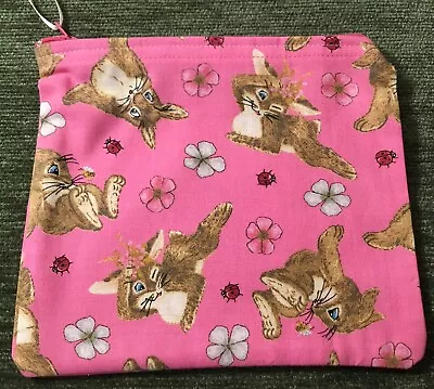 Handmade Zipper Pouch Easter Bunny Pink Fabric Bag Travel Purse Pencil Coin Bag • $2.50