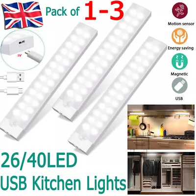 Wireless LED PIR Motion Sensor Lights USB Rechargeable Strip Cabinet Closet Lamp • £13.75