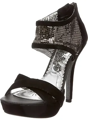 NAUGHTY MONKEY SHINNER 5” Platform Heels Silver Mesh Black Open Toe 7.5 • $57.60