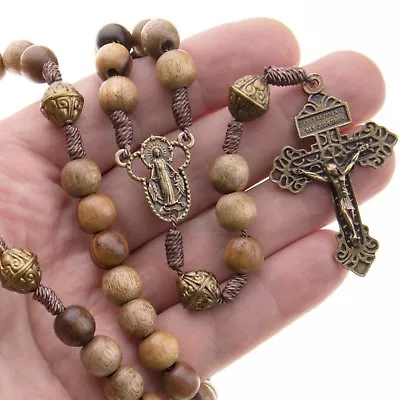 Large Catholic Wood Rosary Beads 18  Necklace Strong Cord Men Women Pardon Cross • $18.95