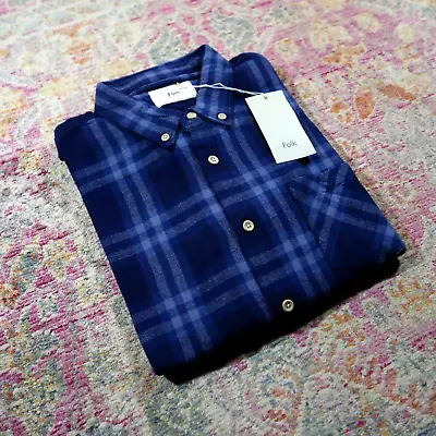 Folk Bobby Button Down Flannel Shirt Size 5 Indigo Check XL RRP £125 YMC Norse • £68