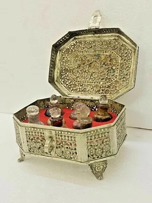 Old Vintage Handmade Brass Fine Jali Cut Mughal Period Perfume Box With 8 Bottle • $475
