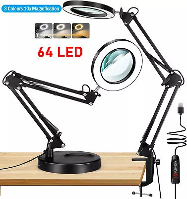 LED Desk RepairLamp 10x Magnifier Glass With Light Stand Clamp Beauty Magnifying • £17.99