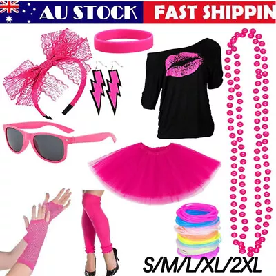 80s Neon Costume Accessories Set Women Ladies Fancy Dress Outfit Clothes Set AUS • $9