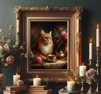 Victorian Country Fluffy Orange Tabby Cat Tea Flowers Vintage Oil Painting Art • $7.99