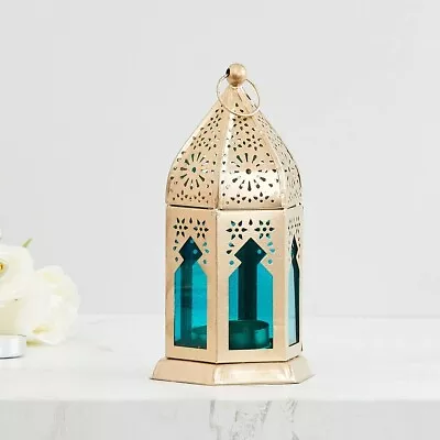 £11.99 • Buy 2 X Moroccan Color Gold Blue Iron Hanging/Table Lantern/Lamp (Size 17 Cm X 10 Cm