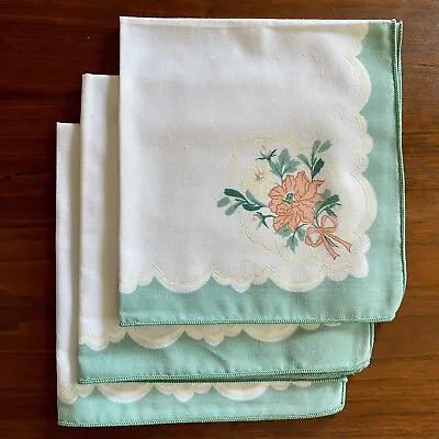 Vintage Cotton Napkins White Mint Green With Peach Flowers 17” Square • $12