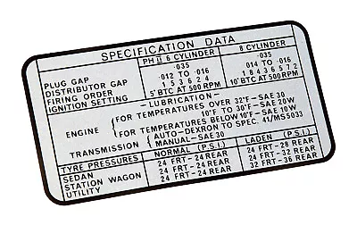 Vg Valiant Specification Data Decal (march 1970 - Aug 1970) Pacer Safari Hardtop • $14