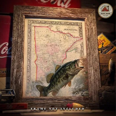 Largemouth Bass Minnesota State Map Art Print Vintage Fishing Lures Wall Decor • $9.95