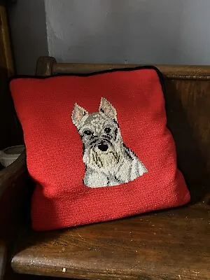 Vintage Mini Schnauzer Dog Wool Needlepoint Embroidery Red Art Pillow 13”X13  • $40