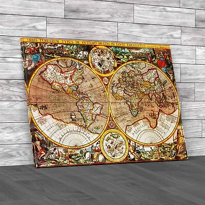 Rare 17th Century World Map Petro Kaerio's 1607 Canvas Print Large Picture Wall • £14.95