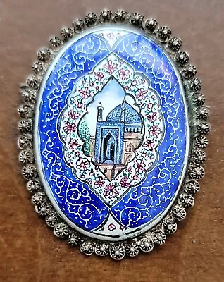 Antique Persian Qajar Dynasty Brooch Handpainted Ceramic Mosque Set In Silver • $122