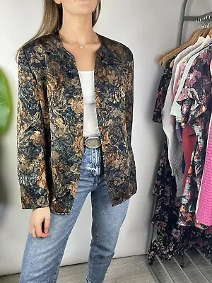 Vintage Size M 8-12 Navy Tapestry Floral Collarless Blazer Jacket Eastex • £38