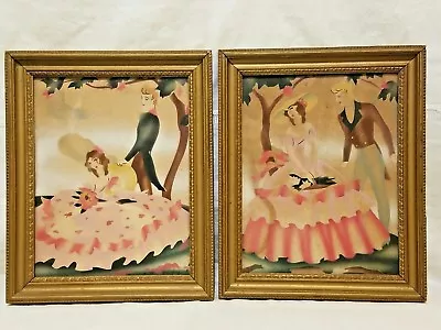 Vintage Pair Of Art Deco Era 1940's Airbrush Painting Watercolor Original Frame • $117.17